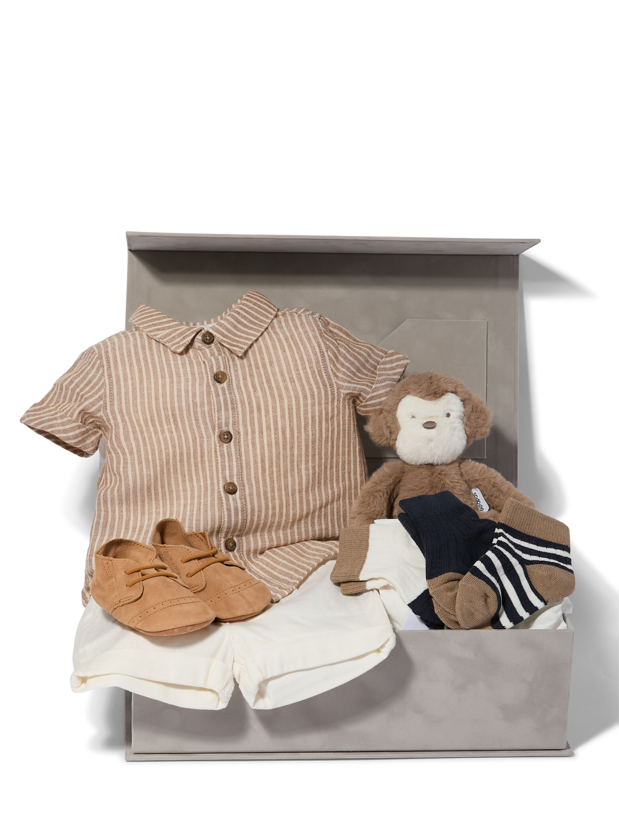 Stripped 2 Piece Suit - 5 Piece Gift Set with Suede Pram Shoes and Soft Toy Monkey Beanie image number 1